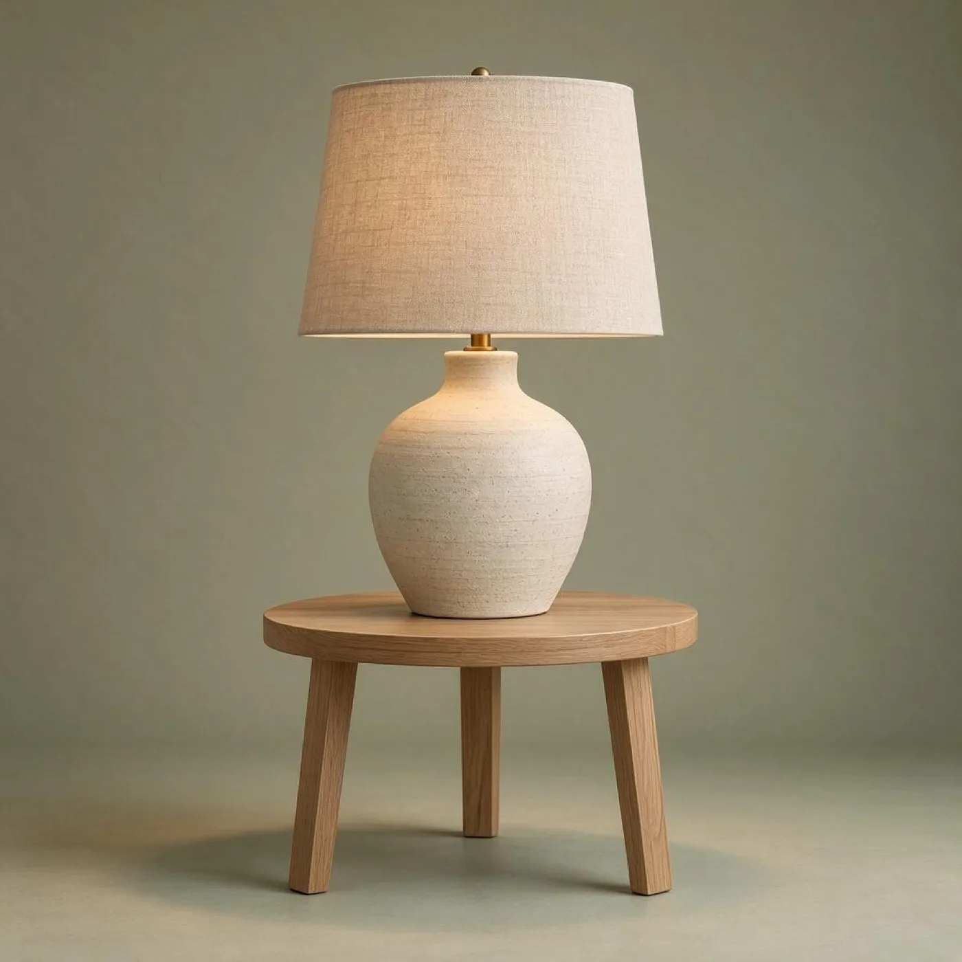 Ceramic lamp on a wooden table against a muted sage studio background