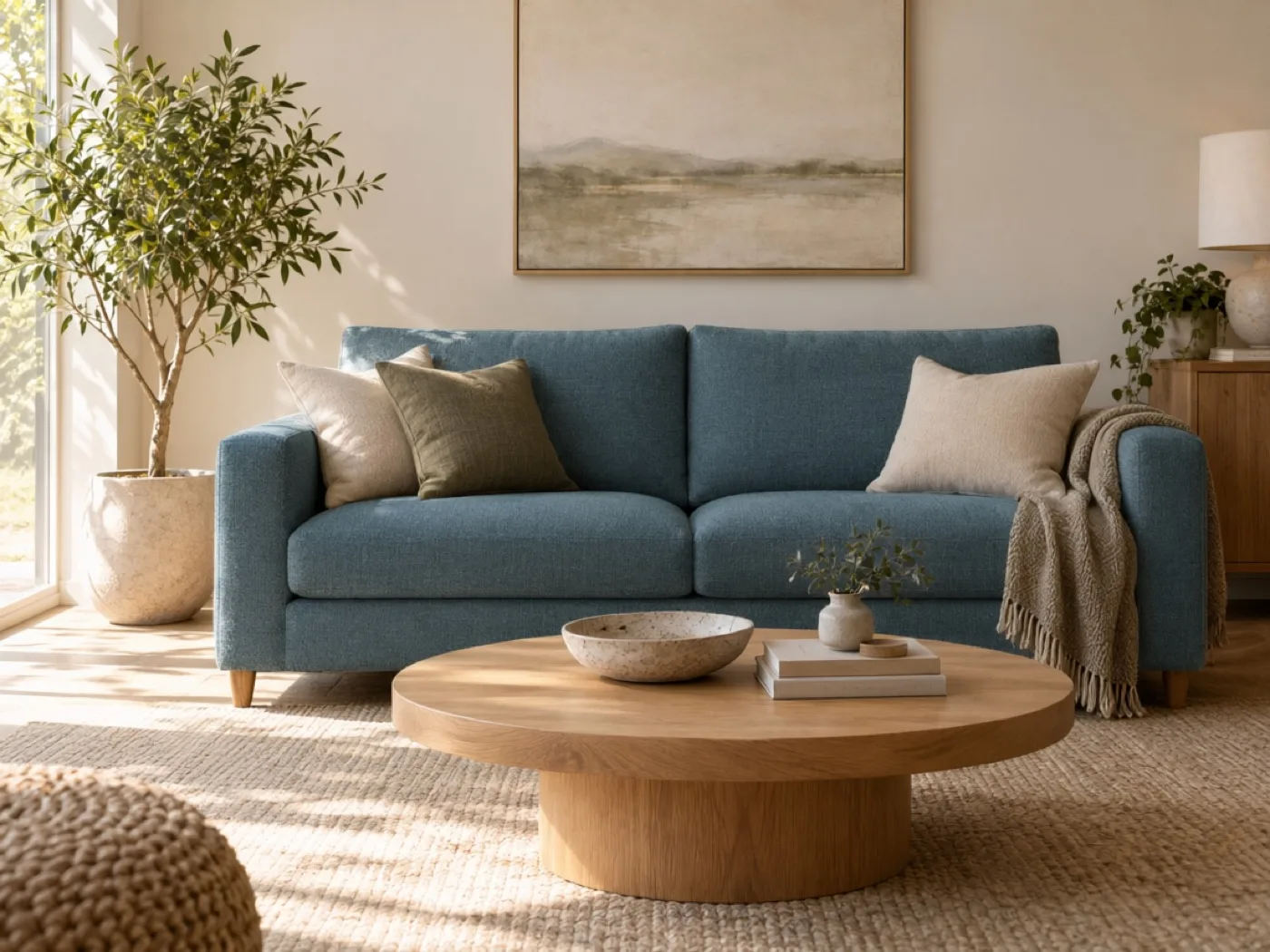 Living room with teal-blue sofa upholstery after an AI color edit