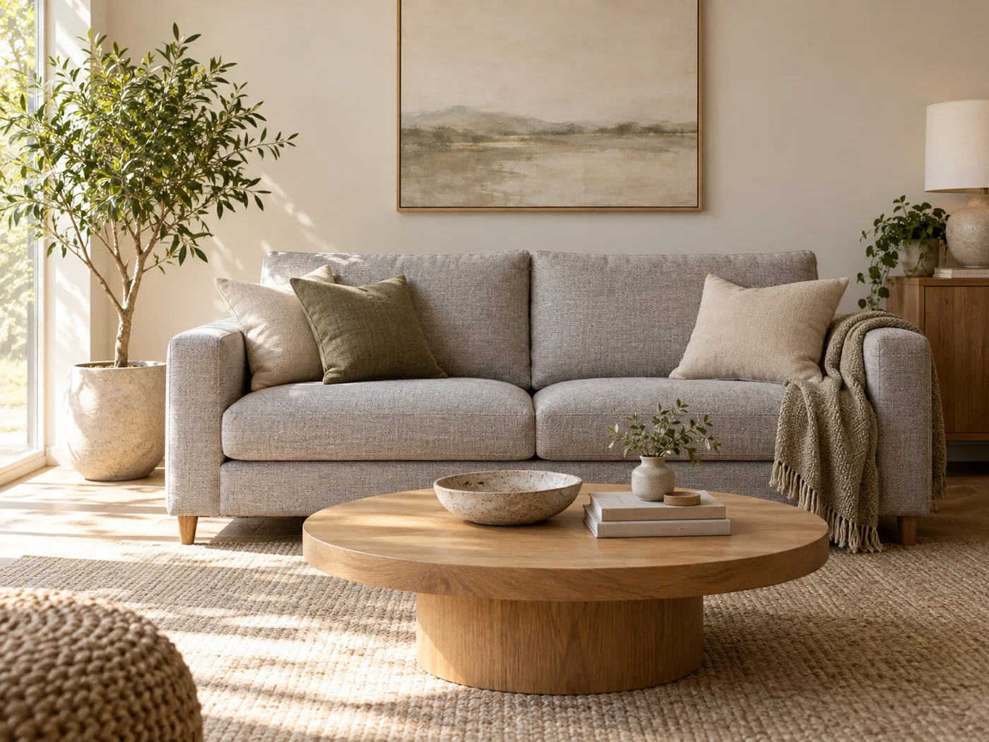 Before: light-gray woven sofa in a neutral living room